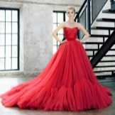Raudona pūkuota šifoninė suknelė