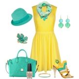 Green accessories for yellow flared dress