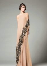 שמלת ערב בז' בסגנון אימפריה עם דפוס שחור