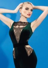 Green evening dress with lace inserts