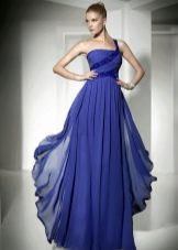evening dress blue with drapery to the floor
