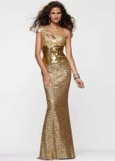 Aukso spalvos suknelė su viena petnešėlėmis