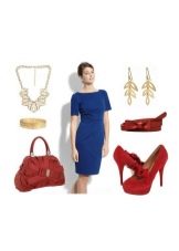 Des accessoires rouges pour une robe bleu foncé