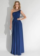 Blauwe jurk met één schouder in Griekse stijl