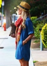 Short shirt dress combined with a scarf and hat