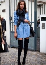 Denim shirt dress with over the knee boots