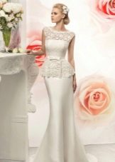 Long sheath wedding dress in lace and satin with peplum