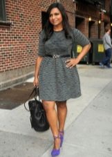 Gray dress with a bell skirt for overweight with lilac suede heels