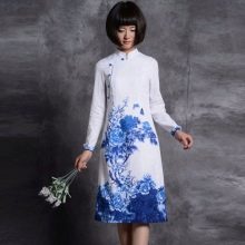 Chinese stijl jurk wit met blauwe print