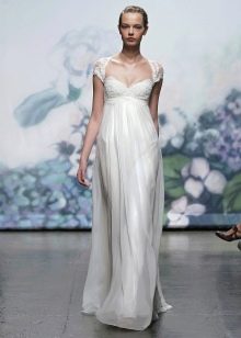 Ampīra stila kāzu kleita ar mežģīņu apdari