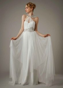 Grieķu stila mežģīņu kāzu kleita ar aplikācijām