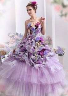 Violetinė raštuota vestuvinė suknelė