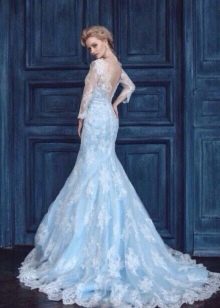 Mėlyna vestuvinė suknelė su nėriniais