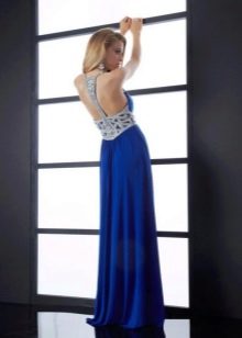 Gaun malam panjang lantai biru dengan punggung terbuka