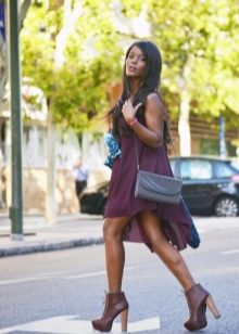 Eggplant chiffon dress with brown boots