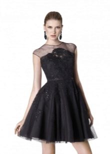 Chanel stila melna mežģīņu pufīga kleita