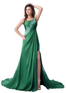 Žalia graikiška suknelė su skeltuku