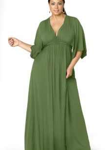 Váy chữ a dài xếp tầng màu xanh lá cây cho người béo