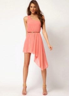 Asymmetrical Pink A-Line Dress with Belt
