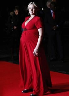 Червена дълга рокля до пода с къс ръкав за бременни