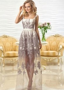 Lace evening dress na may transparent na palda