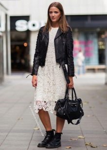 Leather jacket for lace A-line dress