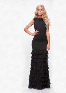 Long evening dress with small flounces on the skirt
