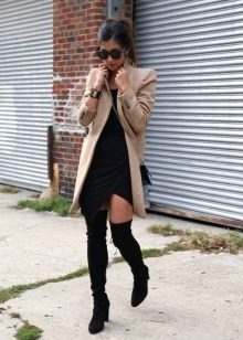 Demi-season wrap dress in combination with a coat and over the knee boots