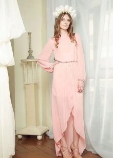 Pink summer dress with a midi train