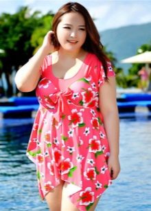 Bathing dress with a-line asymmetrical skirt for the plump
