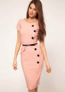 Peach dress with asymmetric fastening for corporate party