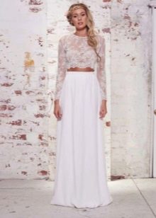 Dlouhá bílá polosluníčková sukně s krajkovým crop topem
