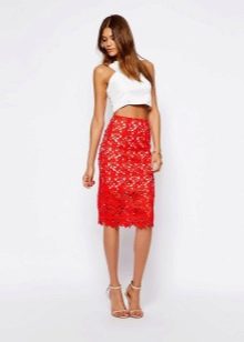 mid-length red lace pencil skirt