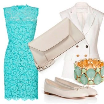 Turquoise lace dress na may puting accessories