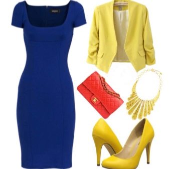 Жълти обувки до синя рокля