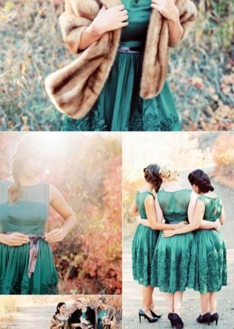 Smaragdové šaty - kombinace s béžovou - mašlička