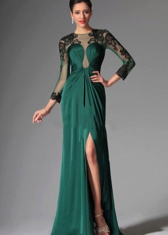 Abendgrünes Kleid mit schwarzer Spitze