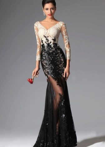 Black and white lace evening dress