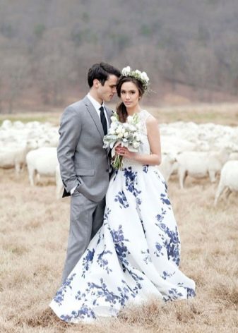 White and blue wedding dress