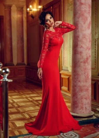 Červené dlouhé bodycon šaty s guipure rukávy