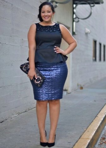 Plava uredska haljina (top i suknja od različitih tkanina) za prekomjernu težinu