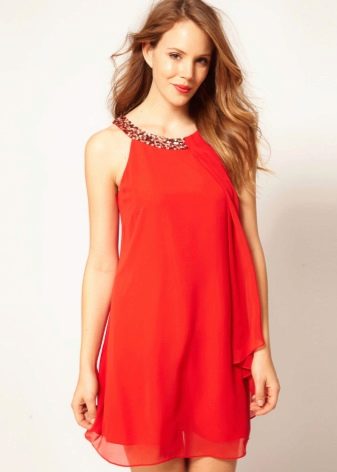 Red A-Line Dress with Halter Neck