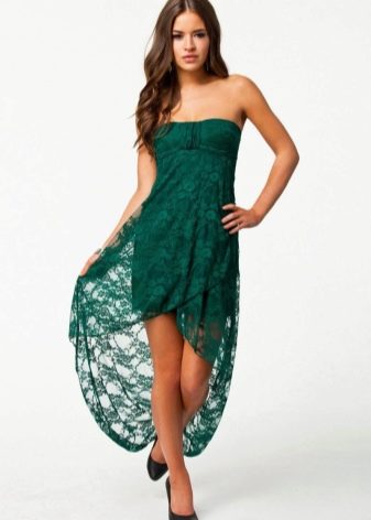 Žalia vidutinio ilgio bando suknelė su asimetrišku sijonu