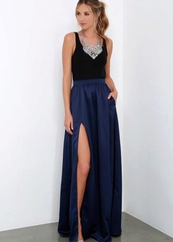 Skirt separuh matahari biru laut panjang dengan tangki hitam