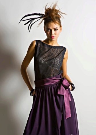 skirt musim panas panjang ungu dengan tali pinggang satin