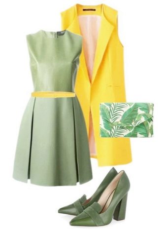Vestido verde claro y complementos naranjas