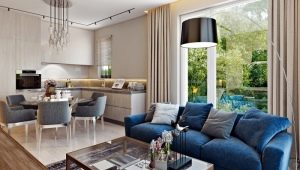 Ideas para el diseño de interiores de una cocina-sala de estar en un estilo moderno.