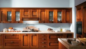 Fachadas de madera maciza para la cocina: características, variedades y secretos de cuidado.