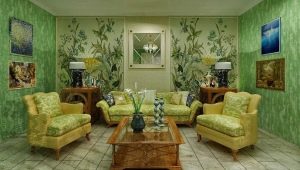 Zaļā dzīvojamā istaba: toņi, krāsu kombinācijas, dizaina ieteikumi