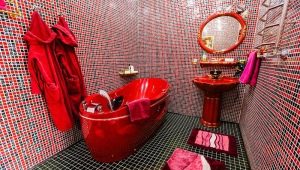 אמבטיה אדומה: יתרונות וחסרונות, שילובי צבעים, דוגמאות